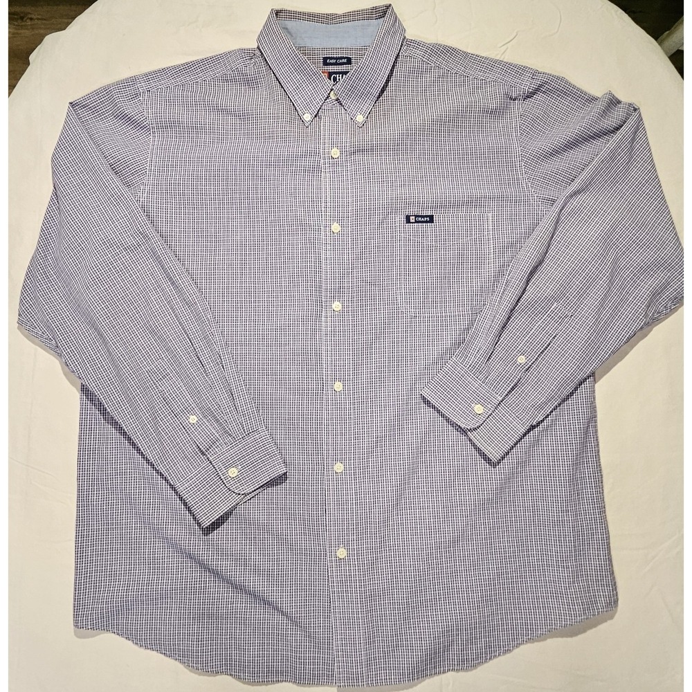 Chaps Easy Care Shirt Mens XXL Blue White Check Long Sleeve Button‎ Down Pocket